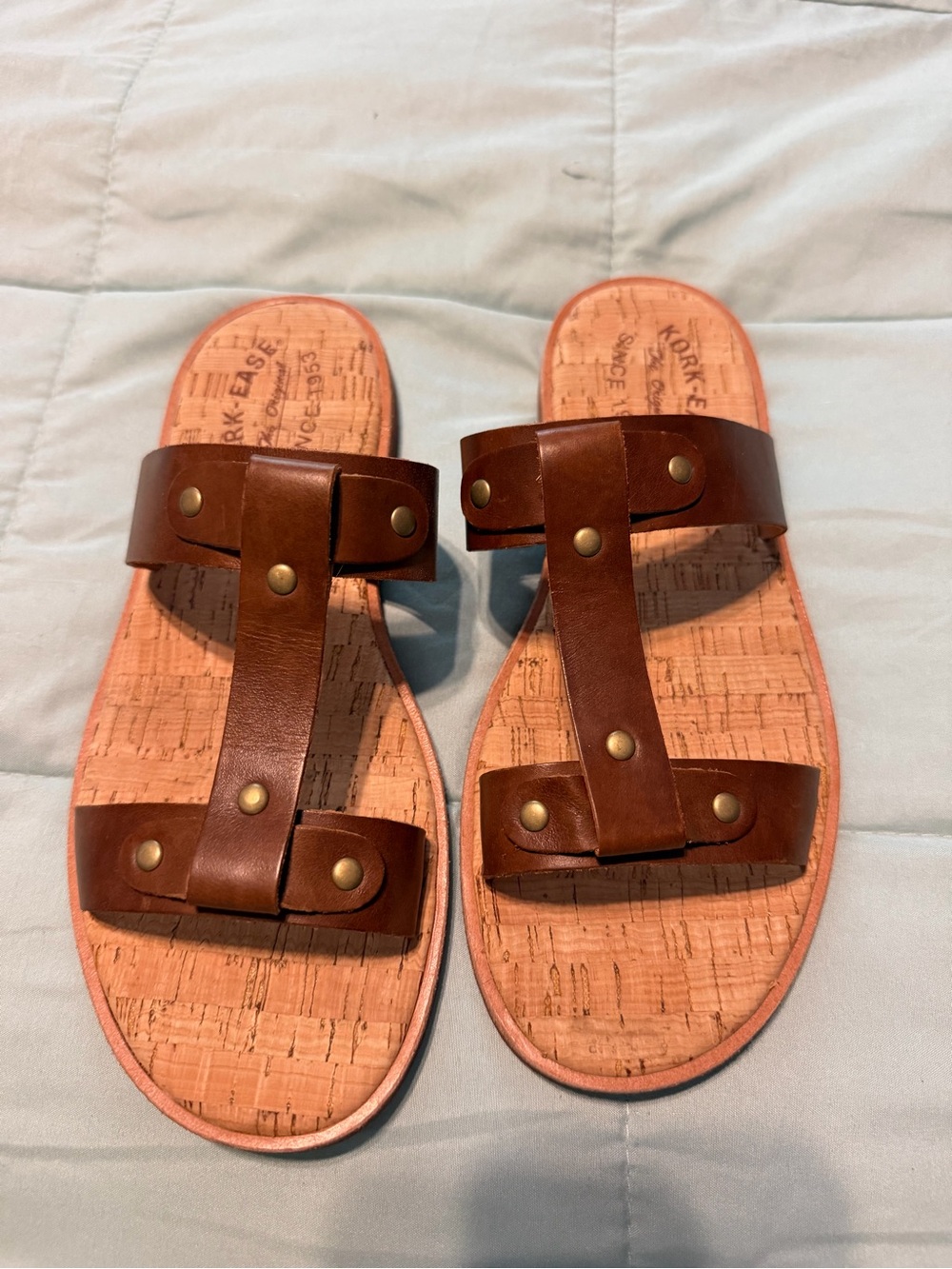 Kork-Ease Basel T-Strap Leather Sandals - Brown Cognac size 8